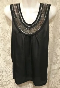 CYNTHIA ROWLEY schwarz silber Perlen Nieten ärmellose Bluse Tanktop Large PL - Bild 1 von 6