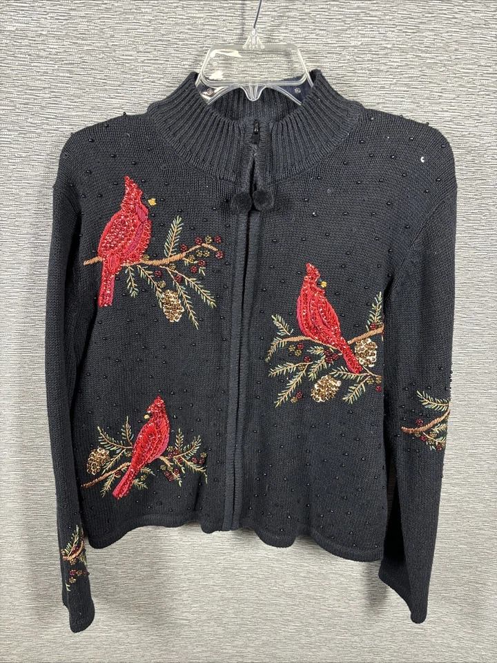 Heirloom Collectibles Christmas Sweater 2004 Bead Black Red Cardinals PM - Image 1 of 4