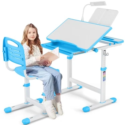Höhenverstellbar Kinder Arbeitszimmer Schreibtisch Stuhl Set Tisch mit Lampe, Schublade, Stuhlhusse Blau - Bild 1 von 4
