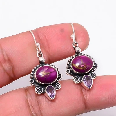 Pendientes Cobre Púrpura Turquesa, Amatista Simulados Plata de Ley 925 Joyería Foto 1 de 4