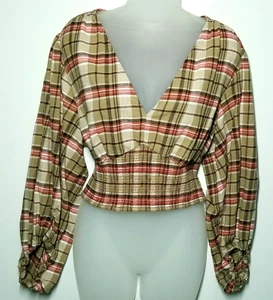 Plaid Smocked Crop Top 1X Red Tan Puff Sleeve V-Neck Cottagecore Boho 100 Cotton - Picture 1 of 11
