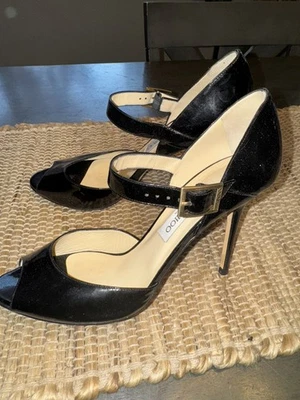 Jimmy Choo Negro Charol Mary Jane Peep Toe Tacones Talla 40 Hecho en Italia Foto 1 de 4