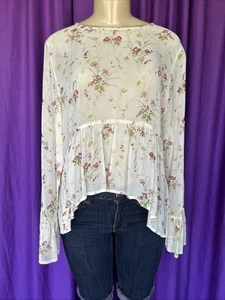 ZARA Ivory Floral Sequined Sheer Chiffon Ruffled Sleeved Ruffled Hem Top Size L - Picture 1 of 8