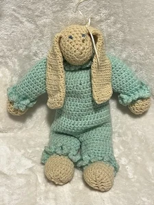 Vintage Handmade Knitted Crocheted Stuffed Bunny Rabbit Blue Clothes 17" - Picture 1 of 5