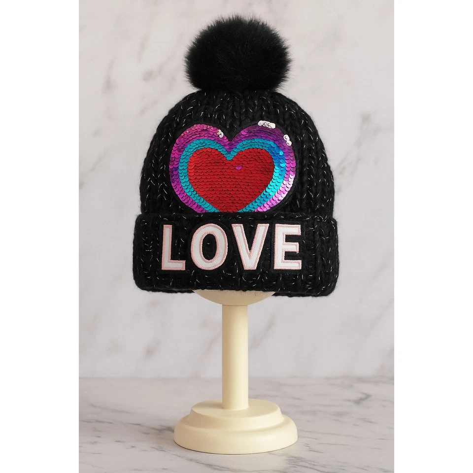 The Children's Place Girls Knit Beanie Hat Sequin Rainbow Heart LOVE (S/M 4–7) - Image 1 of 4