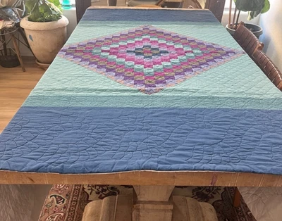 Edredón Vintage Hecho a Mano Acolchado a Mano 80 x 80" Multicolor Patchwork Diamante Azul Foto 1 de 4