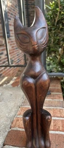 Holzfigur sitzende Siamkatze Mid Century Modern 14 Zoll groß Vintage Tiki LESEN - Bild 1 von 12