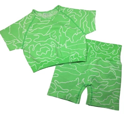 Activewear Set Neon Green Camo Crop Top Shorts Abstract Seamless Medium Artsy - Image 1 of 4