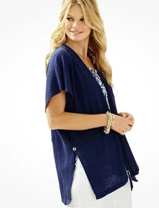 LILLY PULITZER NAVY BLUE MYRA CARDIGAN /CAPE SIZE L/XS -$98 - EUC - Picture 1 of 6