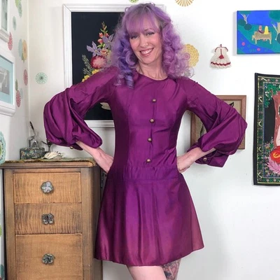 Vintage Micro Mini Dress with Balloon Sleeves, 1960s Raspberry Mini Size S - Image 1 of 4