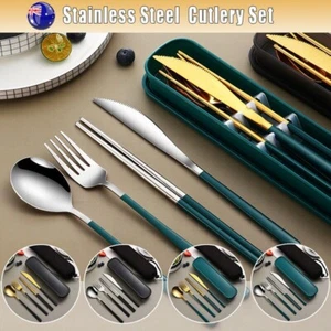 6pcs/set Cutlery Set Stainless Steel Spoon Fork Knife Chopsticks Travel Box Bag - Picture 1 of 16