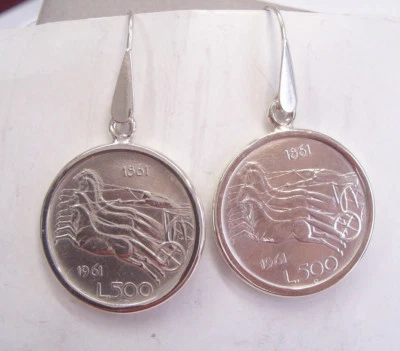 ORECCHINI pendenti in ARGENTO 925 con 500 lire d'Argento - Quadriga Centenario - - Immagine 1 di 4