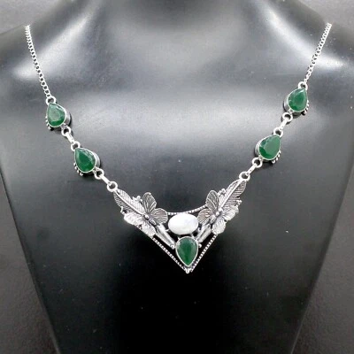 Collar de joyería de plata de ley 925 con piedras preciosas de luna y esmeralda talla 17-18 Foto 1 de 4