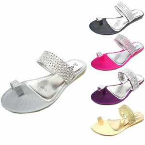 DAMEN LADIES SIMULIERTER STRASS FLACHE ZEHENSTEG SANDALEN SOMMER GRÖSSE 500-3 - Bild 1 von 3