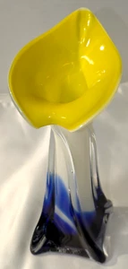 Jack in the Pulpit Cala Lily Blown Glass Vase 8" Cobalt Blue Yellow White - Picture 1 of 6