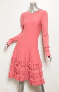 ALAIA Womens Pink Stretch Ribbed Ruffle Knit Skirt Long Sleeve Dress 4-36 - Picture 1 of 5