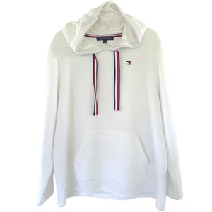 Tommy Hilfiger White Ribbed Hooded Sweatshirt Pull Over Ribbon Women's Size XL - Picture 1 of 10