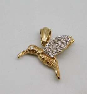 DESIGNER 14K YELLOW GOLD FIGURAL HUMMINGBIRD DIAMOND STONE PENDANT - Picture 1 of 7