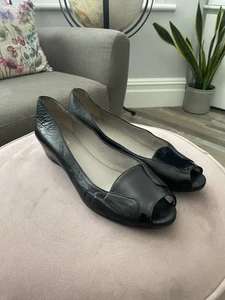 Russell & Bromley x Aquatalia Black Italian Leather Peep Toe Wedge Heels Uk 6.5 - Picture 1 of 8