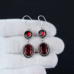 Red Garnet Gemstone Earrings 925 Sterling Silver Vintage Style Gift for Her - Picture 1 of 7