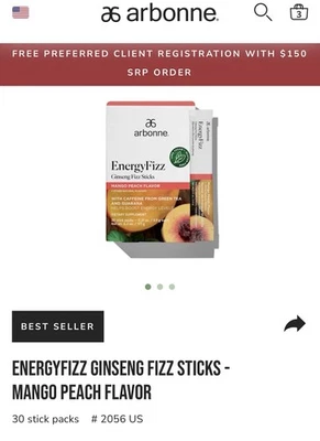 Arbonne EnergyFizz Mango Melocotón Sabor 30 StickPacks 0.21 OZ ¡El favorito de cada esposo!  Foto 1 de 4
