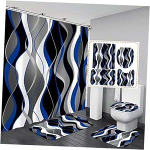 4 Pcs and Black Striped Shower Curtain Set Grey and White Bathroom Sets Blue - Picture 1 of 8