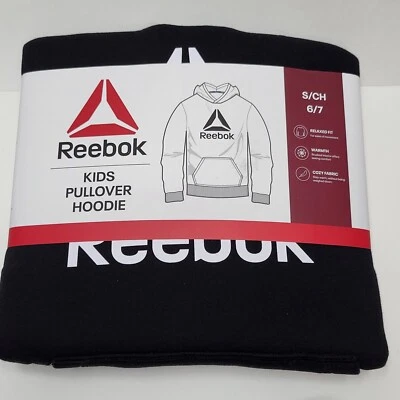 Sudadera con Capucha Pullover Reebok Niños Talla PEQUEÑA 6/7 Negra Sudadera con Capucha Logo Blanco Nueva Foto 1 de 2