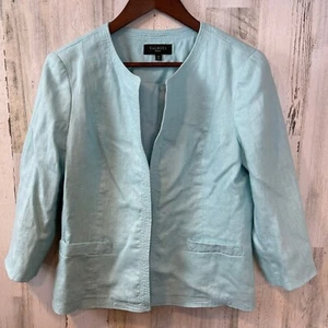 Women's - Talbots Linen Blend Blazer Pale Aqua Blue Open Front Petite - Size 12P - Picture 1 of 8