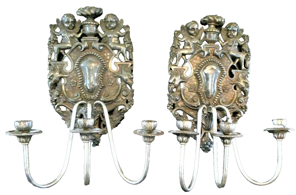 PAIR.... E F Caldwell & Co 3-Arm Wall Sconces Renaissance Revival Silver - Image 1 of 4