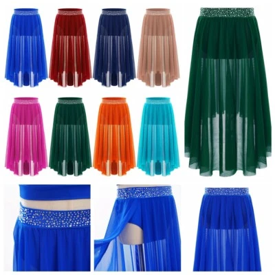 Kids Girls Skirt Side Slit Dancewear Ballroom Outfit Rhinestones Contemporary - Image 1 of 4