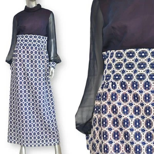 Vintage 70’s Long Empire Waist Evening Dinner Dress Navy Blue and Cream Small - Picture 1 of 11