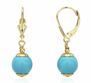 Turquoise Leverback Dangle Drop Earrings 14K Solid Gold 7mm Ball Shaped