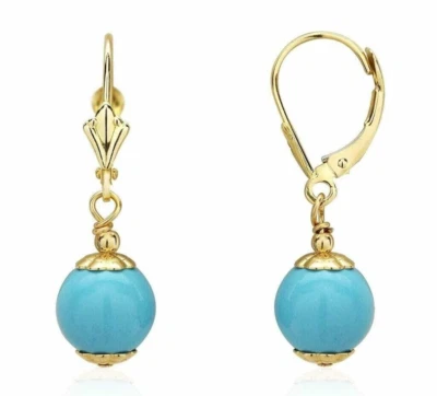 Turquoise Leverback Dangle Drop Earrings 14K Solid Gold 7mm Ball Shaped - Image 1 of 3