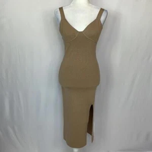 Willow & Wind Women's Knit Midi Bodycon Dress Medium Tan V Neck Sleeveless NEW - Picture 1 of 9