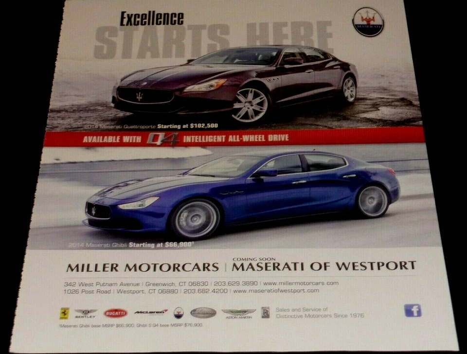 MASERATI TWO CAR QUATTROPORTE & GHIBLI  SPORTS CARS -2014 ADVERTISEMENT  - Image 1 of 1