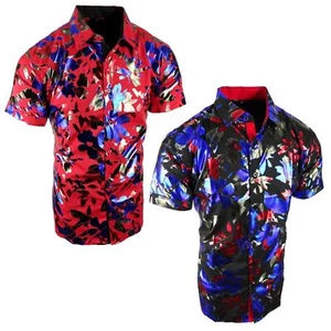 Mens Short Sleeve Shirt Designer Tropical Shiny Florals Silky Stretch Button Up - Picture 1 of 12