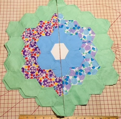 Antique Cotton Fabric 1930s Grandma's Garden 2 Quilt Blocks Hand Pc'd 16.5" - Image 1 of 4