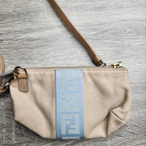Authentic Vintage FENDI Canvas Pouch Clutch Crossbody Mini Blue Gold Leather - Picture 1 of 13