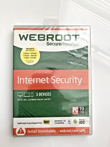 New Webroot Secure Anywhere Internet Security w/ Antivirus Windows 10, 3 Devices - Picture 1 of 2