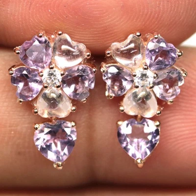 925 Пробы фиолетовый аметист, топаз и кубический цирконий серьги розовое золото - Изображение 1 из 4