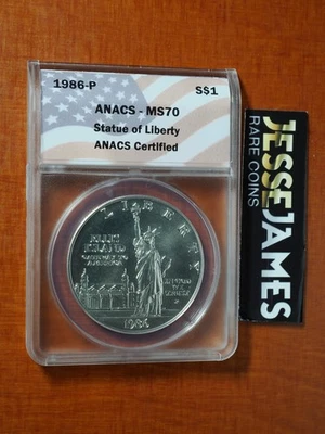 1986 P $1 SILVER STATUE OF LIBERTY COMMEMORATIVE DOLLAR ANACS MS70 FLAG LABEL - Image 1 of 2