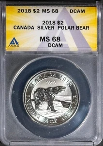 2018 $2 Silver Canadian Polar Bear MS 68 DCAM ANACS # 7623766 + Bonus - Picture 1 of 2
