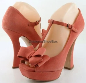 $750 MIU MIU 5KP222 Camelia Coral Suede Designer T-Strap Platform Pumps 9 EUR 40 - Picture 1 of 7