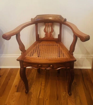 Small Antique French Carved Child's Cane Bottom Lyre Back Chair - Image 1 of 4