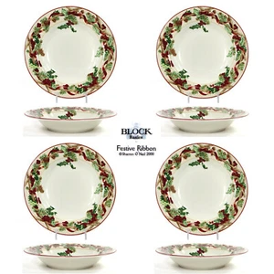 Block Basics FESTIVE RIBBON 12oz Soup Bowl Set 4 Pine Holly Berry Red Christmas - Picture 1 of 13