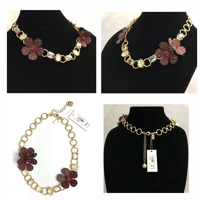 NWT Kate Spade BLOOMING BLING 12K Gold Plated Stone/Leather Flower Necklace-$128 - Image 1 of 4