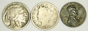 Buffalo Head Nickel, Liberty V Nickel, 1943 Stahl Weizen Cent - 3 Münzen Lot - Bild 1 von 2