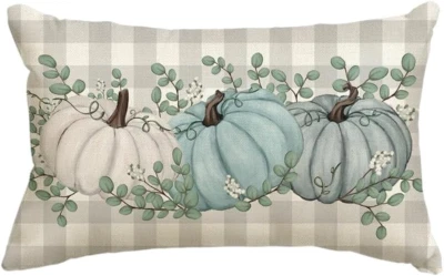 Buffalo Plaid Pumpkin Eucalyptus Leaves Throw Pillow Cover 12X20 Inch, Fall Autu - Image 1 of 4
