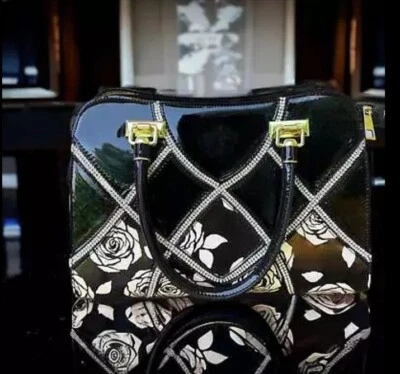 Bolso de mano negro brillante de charol sintético con dos asas con rosas y pedrería Nuevo de Lote Antiguo Foto 1 de 4