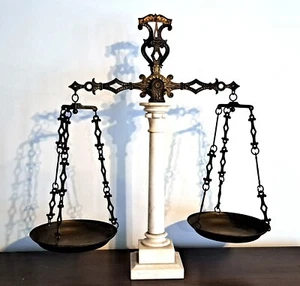 Vintage Original Giuliani Creation Brass Balance Scales, Marble Pillar 24" Tall - Picture 1 of 8